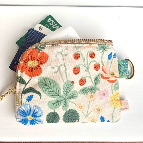 Rifle Paper co.  Fabric Card Holder/Wallet/Floral mini-pouch / ID-Air Pod Case/Card Holder. Hand-Made Holiday Gift for Her/ Stocking Stuffer
