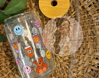 Girly Teddy Bear Glass Mug: Iced Coffee Cup with Bamboo Lid & Straw