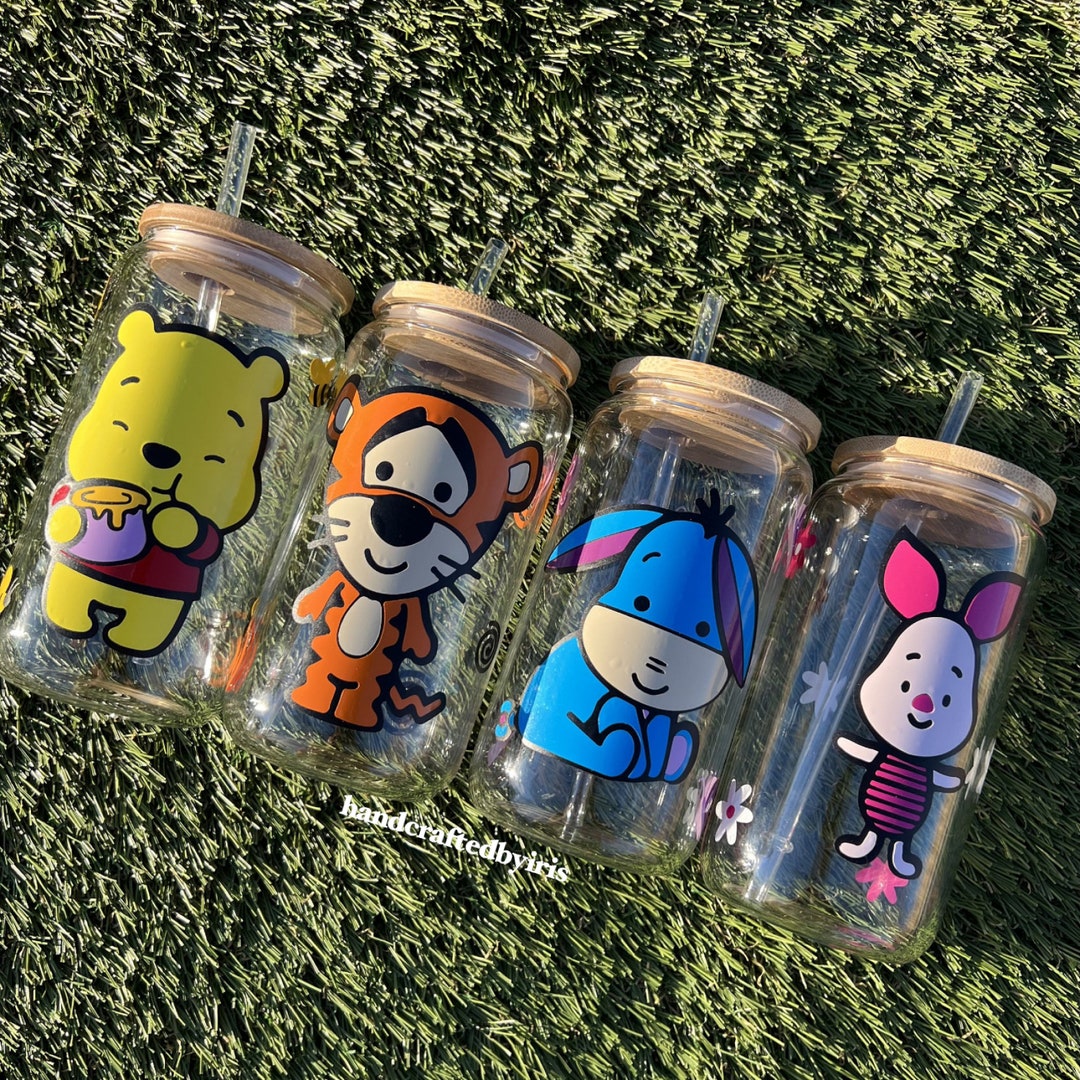 Winnie the Pooh and Friends / Winnie the Pooh / Iced Coffee Glass Jar /  Glass Cup / Libbey Can Glass / Beer Can Glass / Coffee cup with Lid
