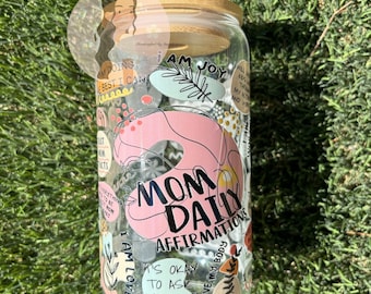 Mom Affirmations Glass Mug with Bamboo Lid & Straw