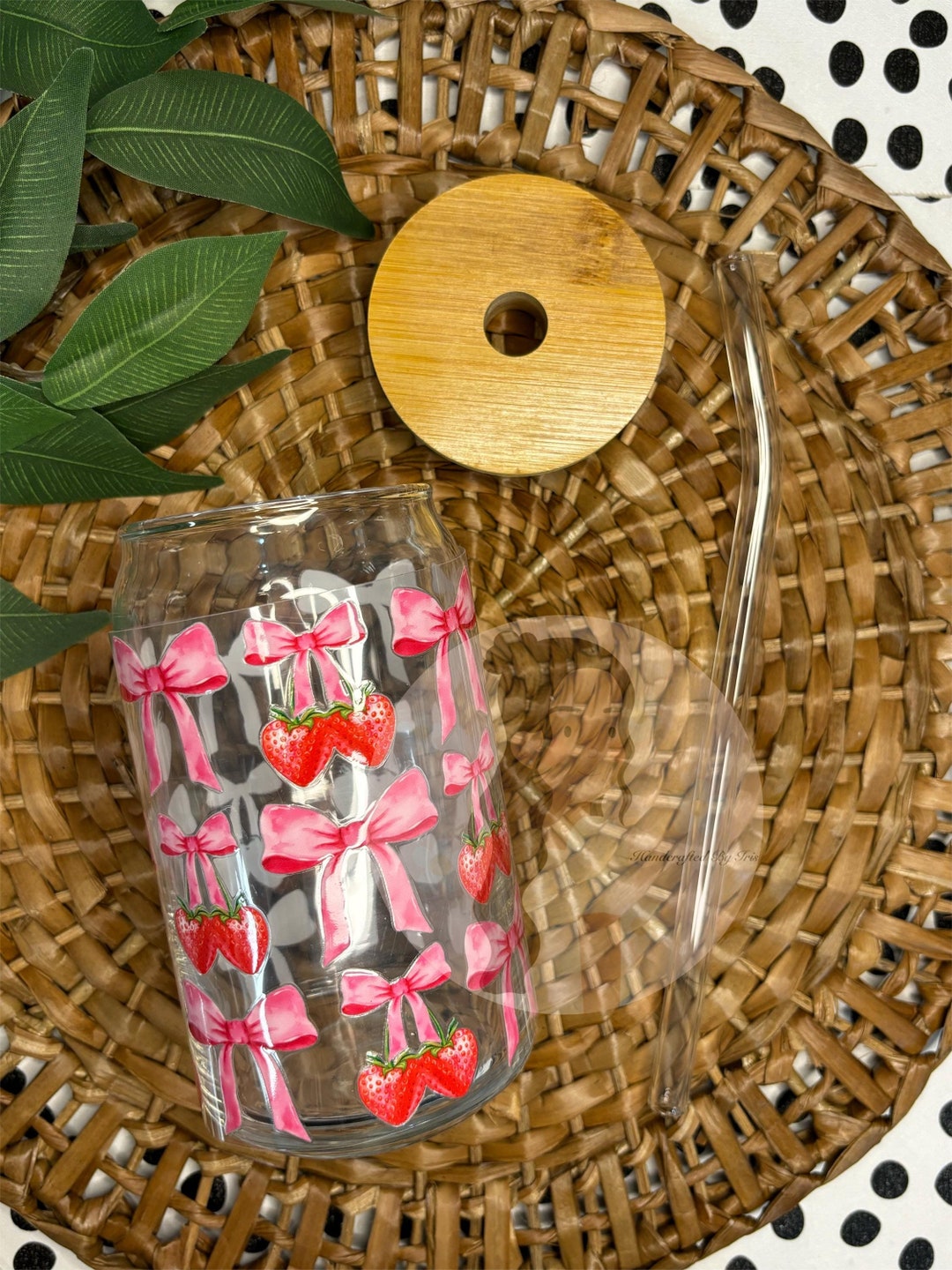 Coquette Strawberry Glass Mug: Pink Bows, Bamboo Lid & Straw - Etsy