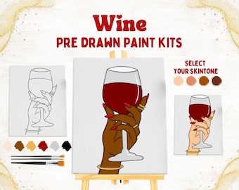 May include: A paint-by-numbers kit featuring a hand holding a glass of red wine. The kit includes a pre-drawn canvas, paint, and brushes. Select your desired skin tone from the color palette.