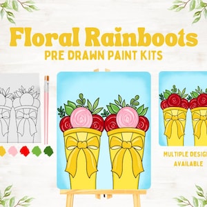 Pre-Drawn Floral Rainboots Sip n Paint Kits for Spring | Girls Night | Bridal Shower Activity