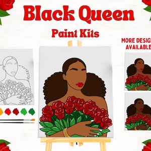 May include: Paint kit featuring a Black Queen holding red roses. The image includes a finished painting, an outline version, and smaller examples. The text "Black Queen Paint Kits" is displayed in red.