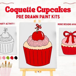 Coquette Cupcake Sip n Paint Pre-Drawn Canvas Activity for Girls Night