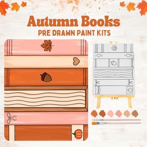 May include: Autumn Books pre-drawn paint kits featuring a stack of illustrated books with fall motifs like leaves, hearts, acorns, and pumpkins. Includes a canvas on a wooden easel, a set of paint pots in warm earth tones, and two paintbrushes.