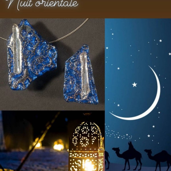 Parure collier plus bague réglable, bleu marine, verre oriental, pigment métallique argent, "Nuit orientale"