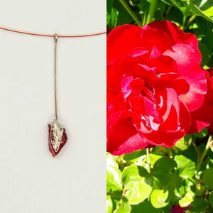 Fine red glass necklace with silver leaf, rod necklace, sheathed cable