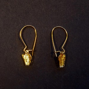 Puede incluir: Un par de pendientes de oro con un colgante de piedra irregular de color dorado único en cada pendiente.