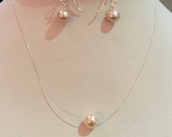 Floating Pearl Necklace and Earrings