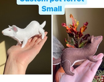 May include: Two small, handmade ferret plush toys. One is white with pink ears and red eyes, the other is brown with a white belly. The text "Custom pet ferret Small" is in a blue box above the white ferret.