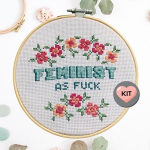 Cross stitch kit Feminist As F%#K - colour pattern, fabric and thread - optional embroidery hoop to complete the kit