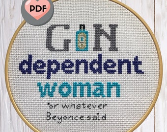 Pattern: Gin dependent woman cross stitch colour pattern PDF download - perfect chart for beginners