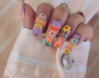 Embroidery nails textured pattern neon pastel cultural reusable press on nails