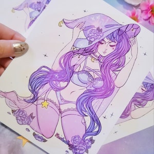 May include: A purple and pink illustration of a witch with long hair wearing a pointed hat with stars and a crescent moon. She is wearing a light blue bra and white underwear with lace trim. The background is a light purple with stars and flowers.