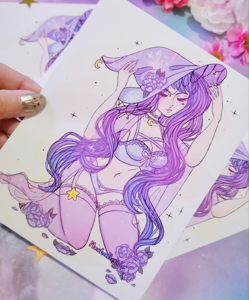 May include: A purple and pink illustration of a witch with long hair wearing a pointed hat with stars and a crescent moon. She is wearing a light blue bra and white underwear with lace trim. The background is a light purple with stars and flowers.