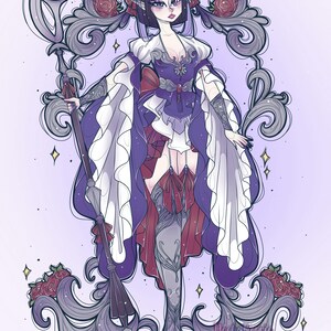 May include: A digital illustration of a character with pointed ears, dark hair, and purple eyes, wearing a purple and white layered outfit with red accents. The character holds a long staff and is framed by ornate gray scrollwork and red roses.