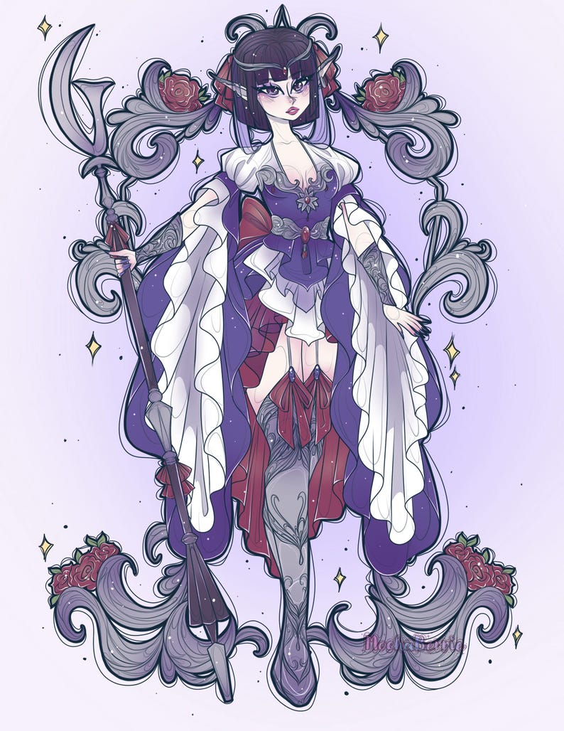 May include: A digital illustration of a character with pointed ears, dark hair, and purple eyes, wearing a purple and white layered outfit with red accents. The character holds a long staff and is framed by ornate gray scrollwork and red roses.