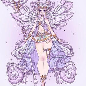 May include: A digital illustration of a fairy character with long lavender hair, large feathered wings, and pointed ears. The figure wears a light-colored outfit with gold accents and holds a tall staff topped with a glowing orb and star emblem.
