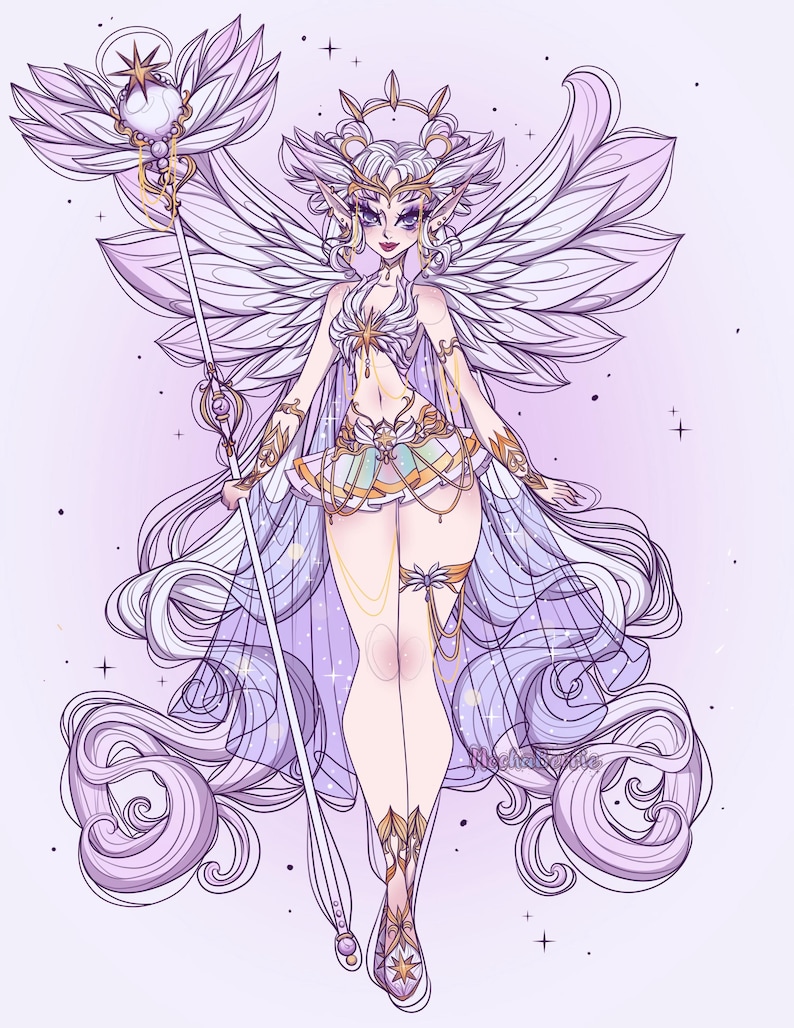 May include: A digital illustration of a fairy character with long lavender hair, large feathered wings, and pointed ears. The figure wears a light-colored outfit with gold accents and holds a tall staff topped with a glowing orb and star emblem.