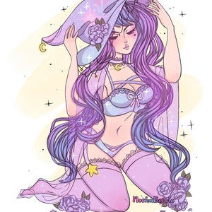 May include: A purple-haired witch with a galaxy-themed hat and a purple and blue lingerie set. She is sitting on a yellow background with purple flowers.