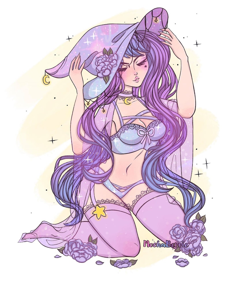 May include: A purple-haired witch with a galaxy-themed hat and a purple and blue lingerie set. She is sitting on a yellow background with purple flowers.
