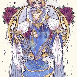 May include: A digital illustration of a character with blonde hair adorned with blue roses, wearing a blue and white gown with gold accents, ruffles, and sheer sleeves. The character holds a small dagger and is framed by a circular gold border.