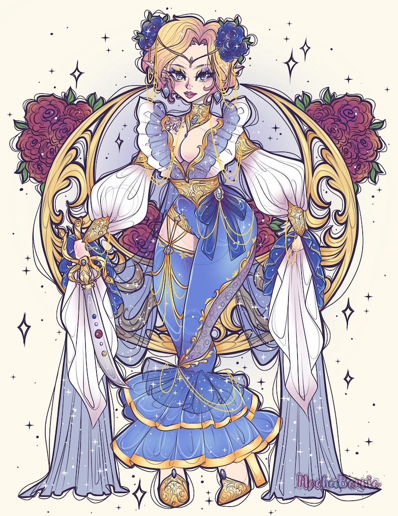 May include: A digital illustration of a character with blonde hair adorned with blue roses, wearing a blue and white gown with gold accents, ruffles, and sheer sleeves. The character holds a small dagger and is framed by a circular gold border.