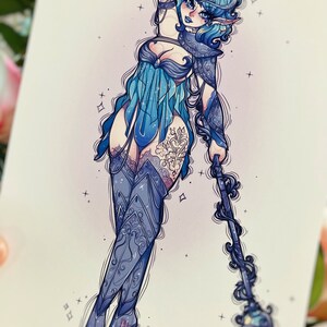 May include: A digital illustration of a character with blue hair and pointed ears, wearing blue armor and a flowing tunic. The character holds a long, dark blue staff with a glowing orb at the tip. The artwork features intricate line work and stars.