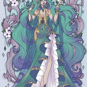 May include: A digital illustration of a figure with long flowing teal and purple hair wearing a floor-length teal gown with gold trim, a white ruffled underskirt, and sheer dark fabric overlays. The figure holds a hand mirror and is surrounded by white flowers.