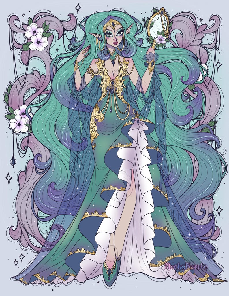 May include: A digital illustration of a figure with long flowing teal and purple hair wearing a floor-length teal gown with gold trim, a white ruffled underskirt, and sheer dark fabric overlays. The figure holds a hand mirror and is surrounded by white flowers.