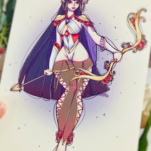 May include: A digital illustration of an elf-like character with long dark hair, wearing a white and red bodysuit with a cape, brown thigh-high stockings, and floral accents. The character holds a golden bow and arrow, surrounded by small stars.