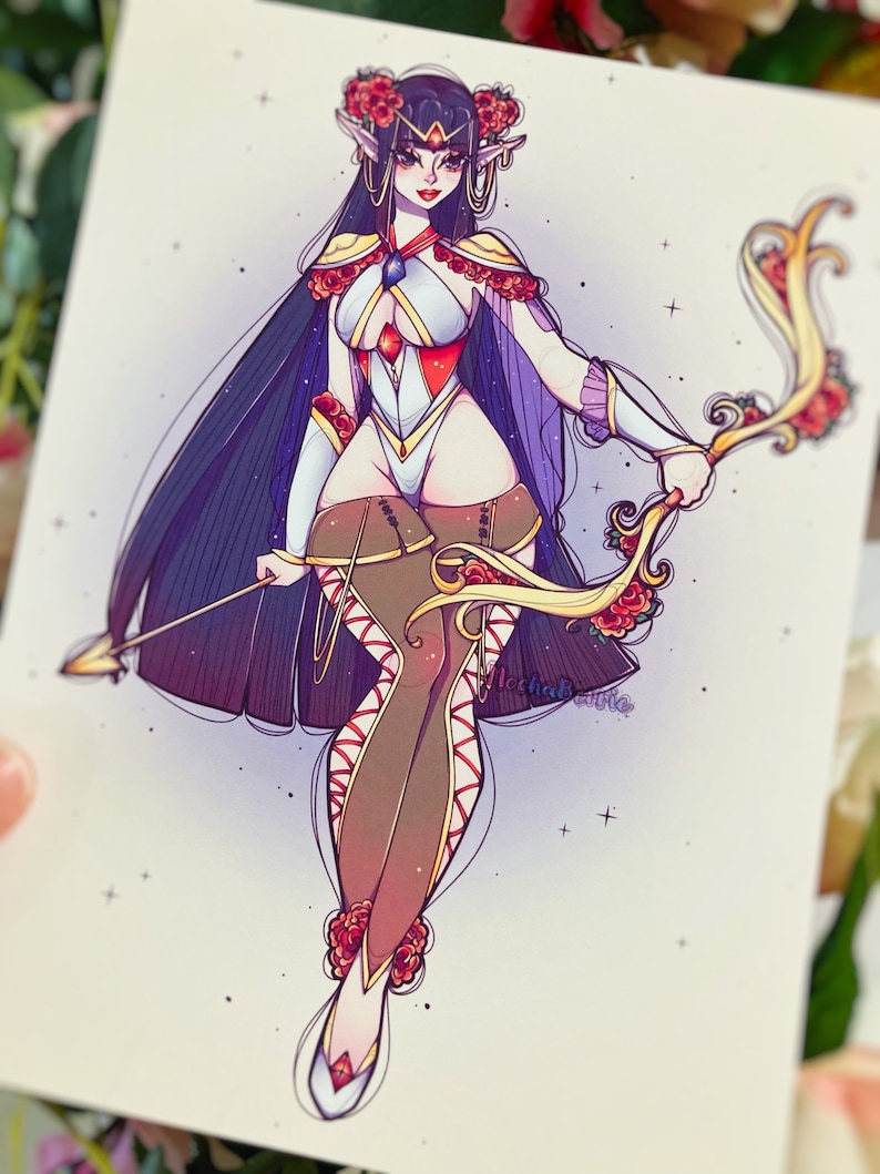 May include: A digital illustration of an elf-like character with long dark hair, wearing a white and red bodysuit with a cape, brown thigh-high stockings, and floral accents. The character holds a golden bow and arrow, surrounded by small stars.