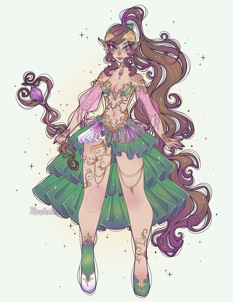 May include: A digital illustration of a character with long brown hair, pointed ears, and green eyes. The character wears a green and pink outfit with gold filigree, holding a brown staff topped with a purple crystal. The text MochaKittie is visible.
