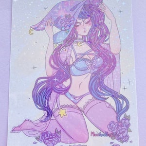 May include: A purple and blue illustration of a witch wearing a hat with stars and a crescent moon. She is wearing a blue and white bra and pink stockings. The background is a sparkly white with purple flowers.