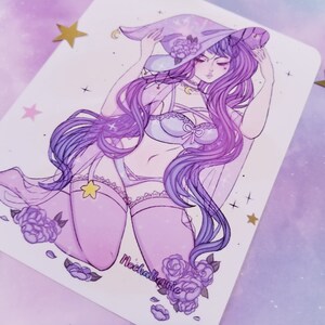 May include: A purple and white illustration of a woman with long purple hair wearing a purple and white witch hat and a white and purple lingerie set. She is kneeling with her head tilted down and her eyes closed. The background is a light purple with stars and flowers.