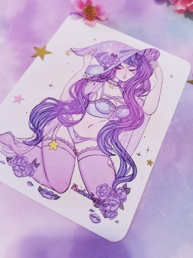 May include: A purple and white illustration of a woman with long purple hair wearing a purple and white witch hat and a white and purple lingerie set. She is kneeling with her head tilted down and her eyes closed. The background is a light purple with stars and flowers.
