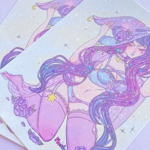 May include: A purple and blue illustration of a woman with long hair wearing a hooded robe and lingerie. The image is set against a sparkly background with stars and flowers.