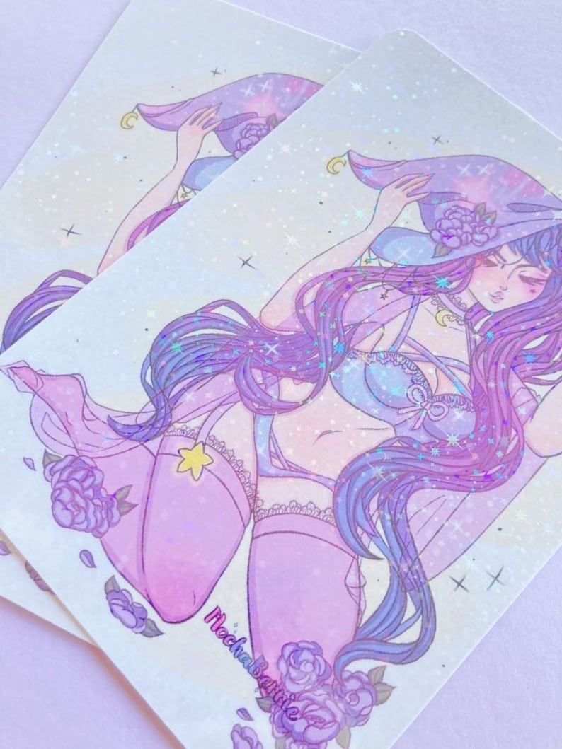May include: A purple and blue illustration of a woman with long hair wearing a hooded robe and lingerie. The image is set against a sparkly background with stars and flowers.