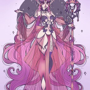 May include: A digital illustration of a fantasy character with long pink hair, pointed ears, and horns, wearing a flowing pink and purple gown with intricate dark detailing. The character holds a tall, ornate staff with a circular top element.