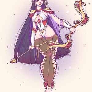 May include: A digital illustration of an elf-like character with long dark hair, wearing a white and gold outfit with red rose accents. The character holds a golden bow decorated with roses and an arrow, featuring pointed ears and a purple cape.
