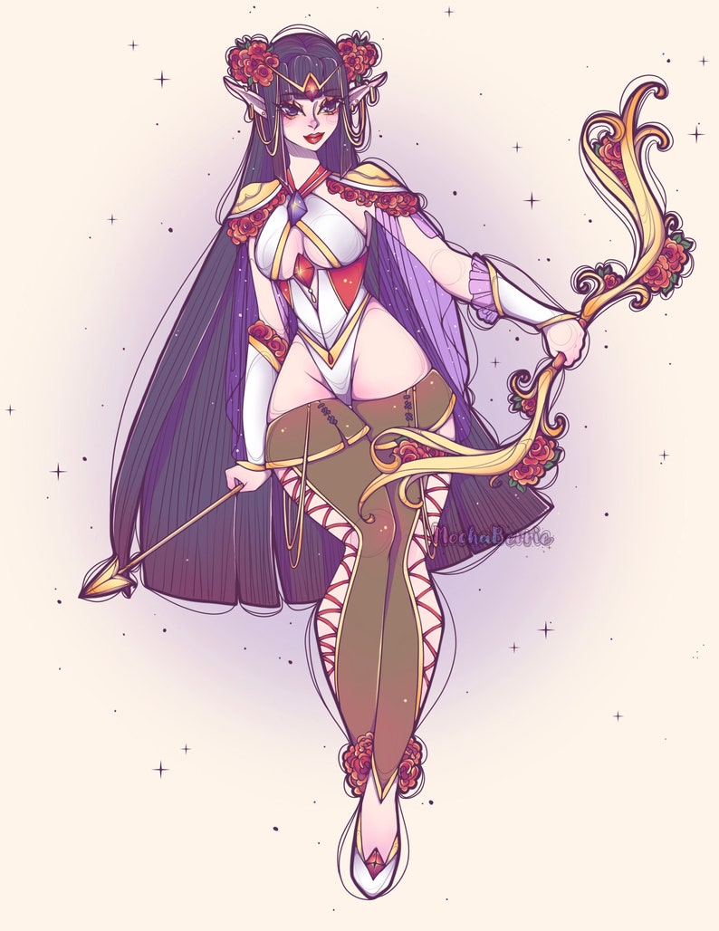 May include: A digital illustration of an elf-like character with long dark hair, wearing a white and gold outfit with red rose accents. The character holds a golden bow decorated with roses and an arrow, featuring pointed ears and a purple cape.