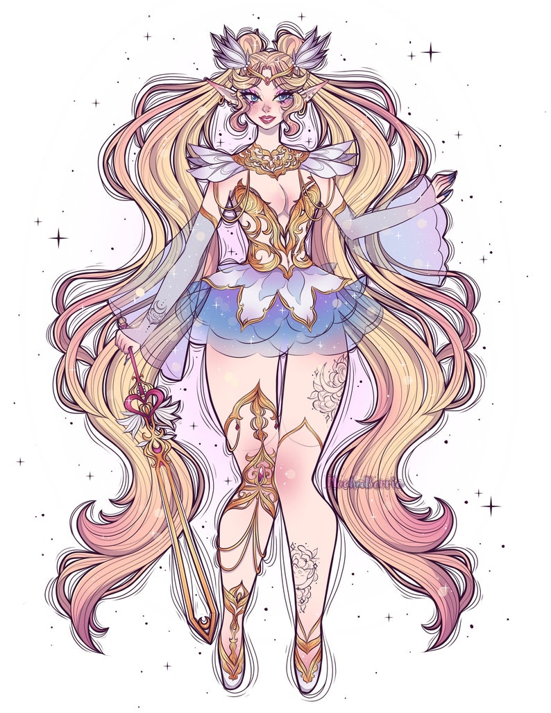May include: A fantasy illustration of a woman with long blonde hair, wearing a white and gold dress with a blue skirt and a crown. She is holding a golden staff with a pink gem at the top. The background is a white starry sky.