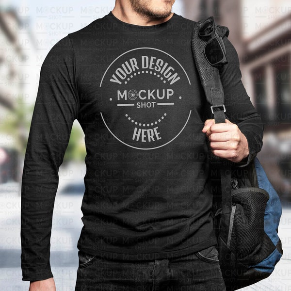 Black Long Sleeve Shirt Mockup - Man Long Sleeve Mockup - Black Bella Canvas 3501 Mockup - Man shirt Mockup - Black shirt Mockup