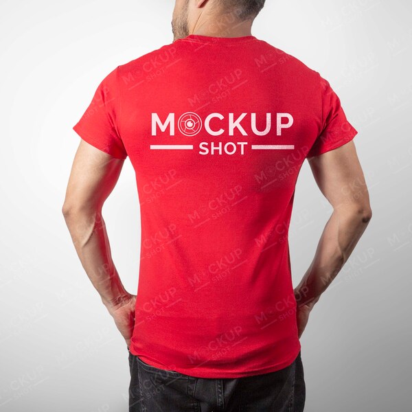 Red Bella Canvas 3001 Man Back shirt Mockup - Mockup Model -  Male model mockup - Rear - Backside