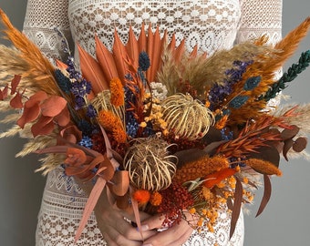 Rust Navy Blue Bouquet, Burnt Orange Bridal Bouquet, Terracotta Navy Blue Wedding Bouquet, Dried Flowers Bouquet, Rust Wedding Bouquet