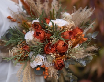 Bouquet Boho Wedding Fall Bouquet for Bride Flowers Orange Rust Wedding Theme Terracotta SilkFlower Bouquet for Bridesmaids Bouquet Rust