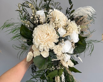 Cascade wedding bouquet White&Green, Boho Bridal Bouquet, Dried Flower Bouquet, Large Bridal Bouquet, Boho Wedding Bouquet, Greenery Bouquet