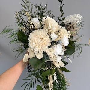 Cascade wedding bouquet White&Green, Boho Bridal Bouquet, Dried Flower Bouquet, Large Bridal Bouquet, Boho Wedding Bouquet, Greenery Bouquet