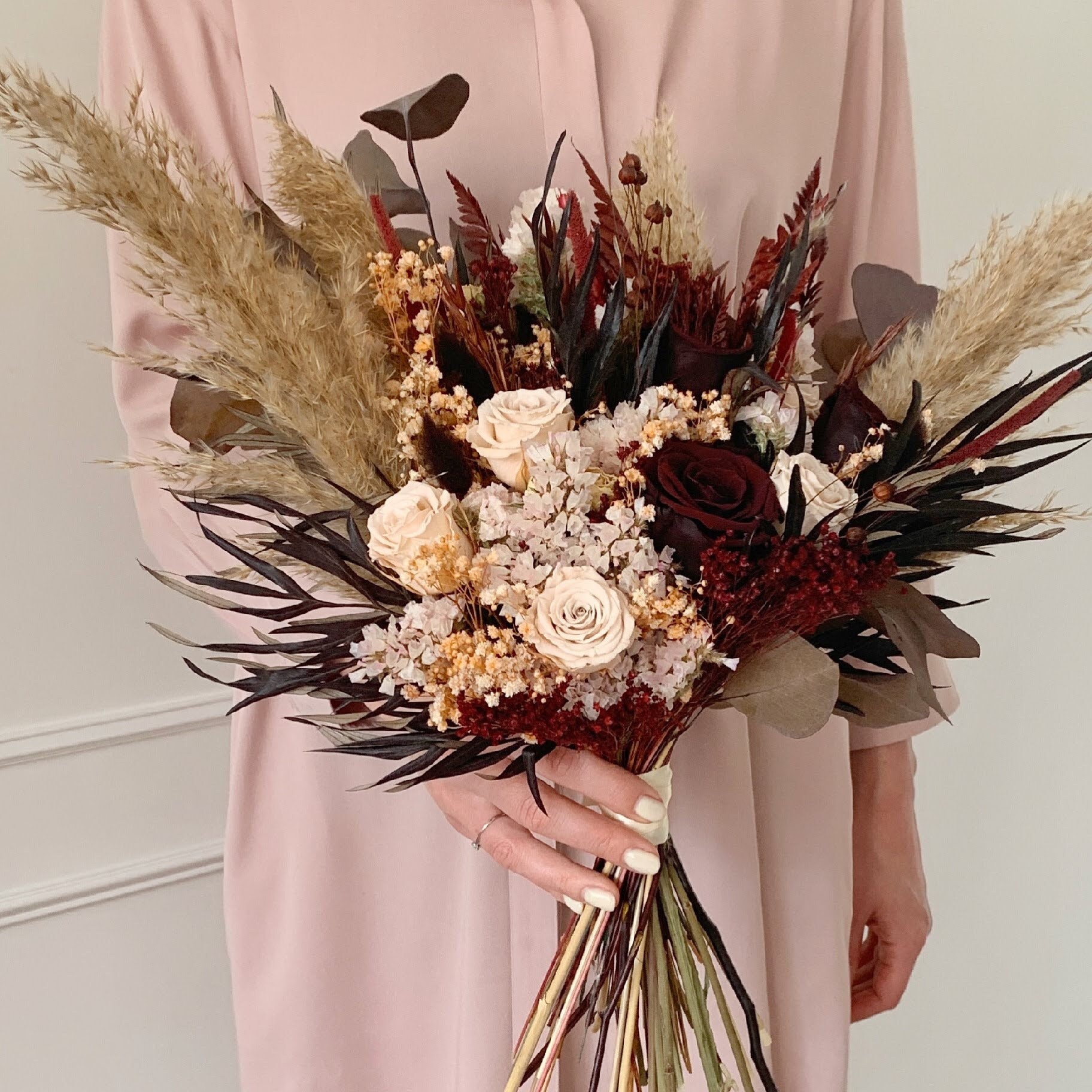Burgundy Bridal Bouquet Boho Wedding Flowers for Bridesmaids Ivory Bouquet Dried Flowers Bouquet Burnt Orange Wedding Bouquet Burgundy Theme